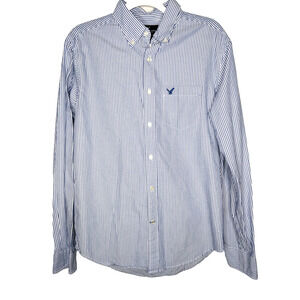 American Eagle Mens Preppy Coastal Blue Cotton Striped‎ Classic Fit Shirt Medium
